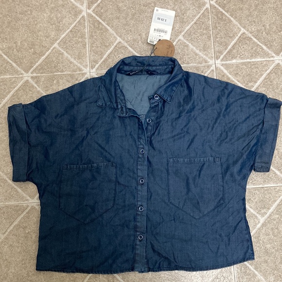 Zara Short Sleeve Denim Crop Top Button Down - Picture 1 of 6
